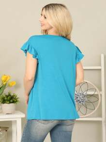 Solid Ruffle Sleeve Tiered Top - 青色 - 查看 2