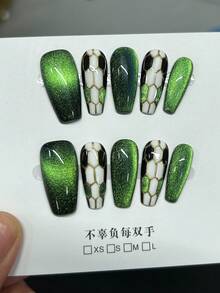 1 Pair (10pcs) Luxury Snake Head Cat Eye Effect Nail Art With Hand-Painted Gold Lines And Green Gradient Colors, Reusable And Handmade, Suitable For Dinner Parties And Events, For Fashionable Girls - Multicolor - View 3
