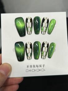 1 Pair (10pcs) Luxury Snake Head Cat Eye Effect Nail Art With Hand-Painted Gold Lines And Green Gradient Colors, Reusable And Handmade, Suitable For Dinner Parties And Events, For Fashionable Girls - Multicolor - View 1