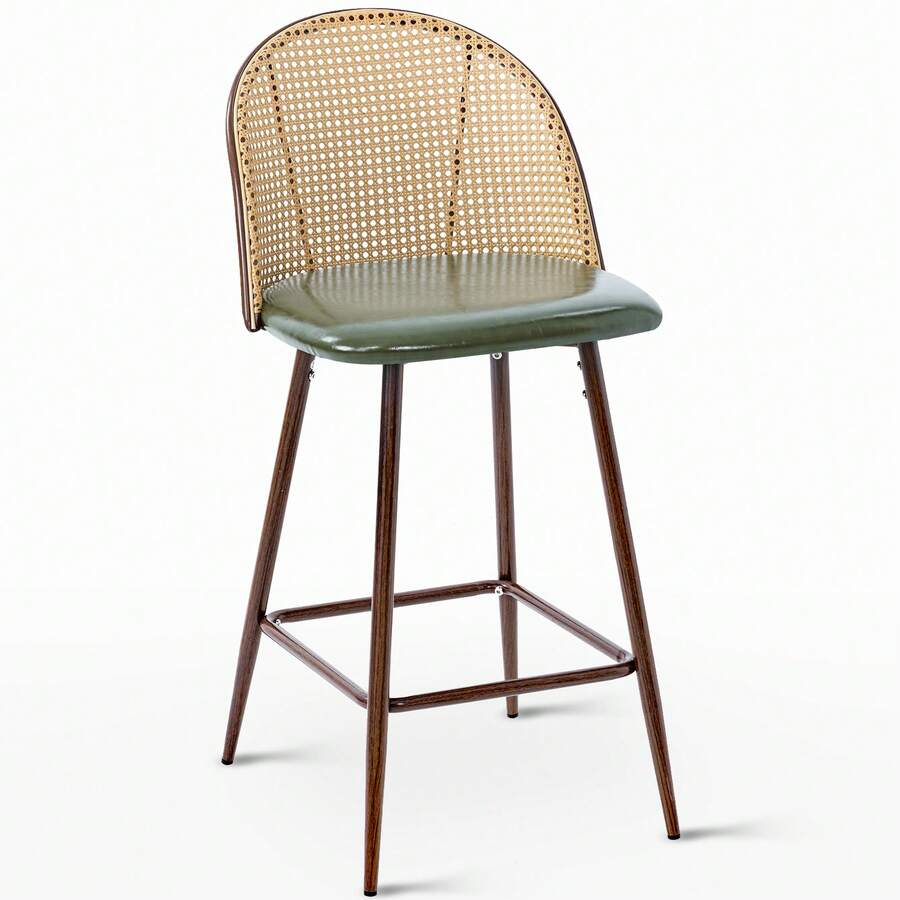Uniquely Designed Bar Stool 2-Piece Set, PU Seat Cushion PE Rattan Backrest, Suitable For Restaurants, Kitchens, Bars, Etc - Green - View 1