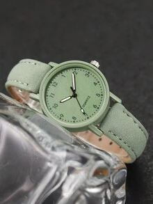女士草绿色皮革表带时尚简约表盘数字石英表套装 + 草绿色花叶手链套装（4 件/套）作为返校学生的礼物 - 綠色 - 查看 11