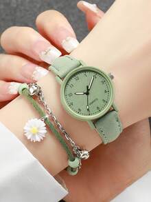 女士草绿色皮革表带时尚简约表盘数字石英表套装 + 草绿色花叶手链套装（4 件/套）作为返校学生的礼物 - 綠色 - 查看 2
