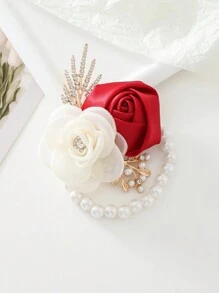 1朵胸花+1朵腕花，韩式绿色和米色玫瑰手链，适合伴娘、婚礼、派对、日常佩戴，也适合情人节、夏季、海滩等场合。 - 紅色 - 查看 4