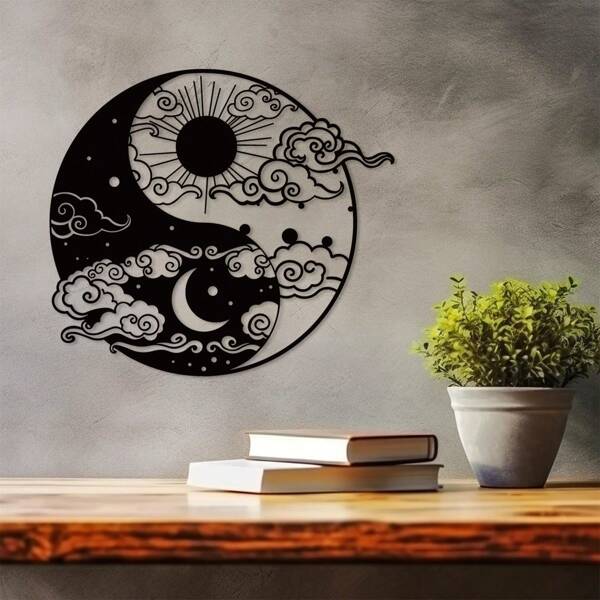 1 pieza Arte de pared de metal, decoración de pared de metal única para sala de yoga, arte de pared de metal para porche, arte de pared de metal de día y noche, arte decorativo de sol y luna, decoración de pared de metal para dormitorio y sala de estar, gran regalo, regalo del día de San Valentín, decoración del hogar, decoración de la habitación, decoración de pared