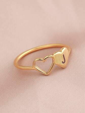 1pc Stainless Steel Gold Colored Double Heart Ring With 26 Letters Engraved, Fashionable And Simple, Suitable For Daily Decoration Or Gift Giving Valentines,Mom,Mother,Mother's Day,Gift