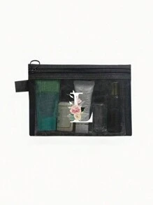 1个黑色网眼袋，白色花卉A-Z透明网眼化妆品收纳袋，多功能旅行便携包，护肤品和化妆品收纳袋，学生文具袋，网眼拉链袋，旅行化妆品收纳袋，简约高端，珠宝首饰收纳，适用于住宿、旅行、商务、游泳、家居收纳 - 黑色 - 查看 15