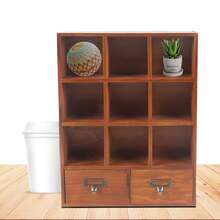 ONEUTRALON Organizador de escritorio de madera vintage, estantería de exhibición con 9 cubos y 2 cajones, estantería de almacenamiento para decoración de escritorio de oficina en el hogar, color marrón - Marrón - Ver 7