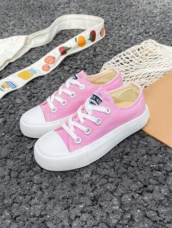 Mid-Top Children's Canvas Sneakers, Spring And Autumn Style, Simple Style For Boys And Girls, Fashionable Low-Top Casual Athletic Shoes, Classic Low-Top Canvas Sneakers, And Versatile Casual Sports Skateboarding Shoes For Kids With Lace-Up Design