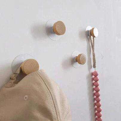 2/4pcs Easy Install Wooden Sticky Wall Hook, Geometric Shape Wall Hanging Hook, For Hanging Clothes Coat Hat Scarf Towel In Bedroom, Creative Self Adhesive Wooden Handle For Cabinet Door
