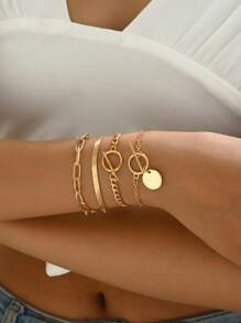 4pcs/Set Punk Metal Style Hollow Chain & Disc Pendant Bracelet (Special Material, Avoid Contact With Water)