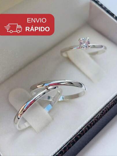 Aliança De Namoro Prata Fininha 3mm + Solitário C/ Zircônia Anel Compromisso Par de Alianças Noivado 925 Casamento Aço inoxidável 316L