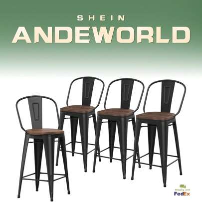 Andeworld Swivel Bar Stools Set Of 4 Metal Bar Stools For Kitchen Island With Full Back Wood Seat