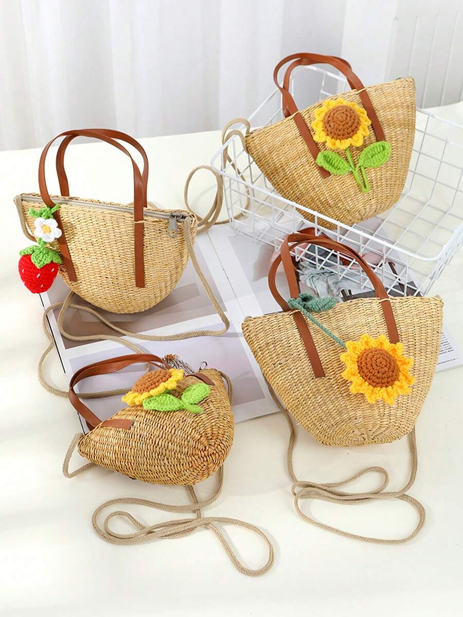 2024新款夏季艺术花草编织手提包沙滩托特包编织袋手机斜挎包 - 貝殼包 - 查看 1