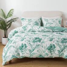 BedTreat Floral Duvet Cover Set Queen Size,3pcs Reversible Pattern-Solid Design Bedding Set,1 Duvet Cover With Zipper Closure & 8 Ties And 2 Pillow Shams,Soft(No Comforter) - Agate Green - View 1