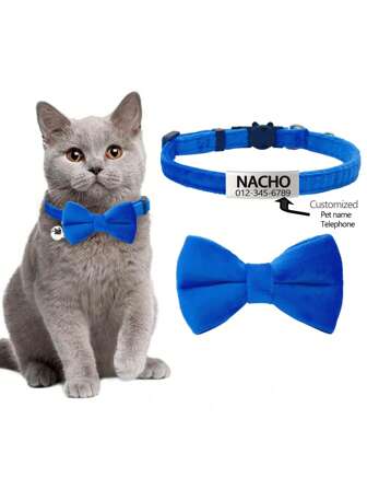1 pieza Corbata de moño desmontable personalizada para mascotas, collar de terciopelo para gatos con moño y campana, personalizable con el nombre de la mascota, contacto, dirección, etc. Placa de identificación anti-pérdida grabada para mascotas, adecuada para gatos pequeños y medianos. Ornamental, grabado, acero inoxidable, elegante, de moda, colorido, vintage, lindo, sencillo, lindo, personalizado, único, personalizado, para aniversarios, para cumpleaños, collares, correas y arneses personalizados para mascotas, fácil comodidad, suministros de regalo de Navidad