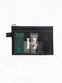 1个黑色网眼袋，白色花卉A-Z透明网眼化妆品收纳袋，多功能旅行便携包，护肤品和化妆品收纳袋，学生文具袋，网眼拉链袋，旅行化妆品收纳袋，简约高端，珠宝首饰收纳，适用于住宿、旅行、商务、游泳、家居收纳 - 黑色 - 查看 14