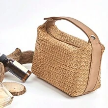 Straw Woven Makeup Bag Boho Cosmetics Storage Bag Portable Makeup Storage Bag Pouch Zipper Pouch Summer Essentials,Boho Vibes,For Holiday Beach, Bathroom Collection, Bedroom Collection, Large Capacity