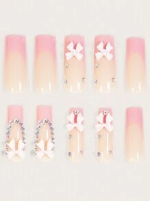 Atualize instantaneamente seu visual com 24 peças Conjunto de Unhas Postiças Quadradas Longas Pressione em Rosa Doce Estilo Francês, Design de Decoração com Laço Rosa 3D Iridescente com Pedrinhas, Unhas Postiças de Cobertura Total para Mulheres e Meninas, Inclui 1 Folha de Adesivos e 1 Lixa Miniatura, Remessa Aleatória de Gel Jelly - Rosa chiclete - Visão 3