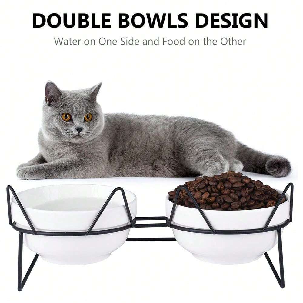 Cat Bowls, Double Ceramic Pet Bowls With 15°Tilted Raised Stand For