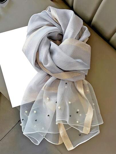 1 件纯色/多色仿珍珠耳钉，桑蚕丝和羊毛混纺围巾披肩，适合女士。优雅别致，色彩鲜艳的方块图案围巾/头巾，适合夏季旅行和秋冬季防紫外线，可作为保暖披肩、装饰品或女士长围巾配饰