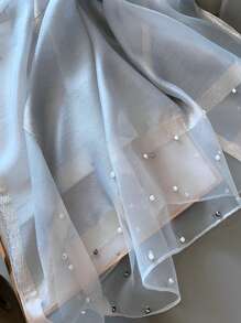 1 件纯色/多色仿珍珠耳钉，桑蚕丝和羊毛混纺围巾披肩，适合女士。优雅别致，色彩鲜艳的方块图案围巾/头巾，适合夏季旅行和秋冬季防紫外线，可作为保暖披肩、装饰品或女士长围巾配饰 - 灰色 - 查看 3