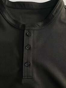 1 peça Camisa Polo Masculina Confortável e Respirável Esportiva Sem Gola Cor Sólida Tamanho Grande Manga Longa Solta Camiseta de Botão Camisola com Capuz - Preto - Ver 5