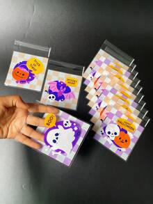 100入組可愛白色鬼怪南瓜蝙蝠紋派對禮物包裝OPP自封袋，紫色/黃色TRICK或TREAT印刷禮物裝飾袋，適用於萬聖節派對禮物包裝 - 紫色 - 查看 4