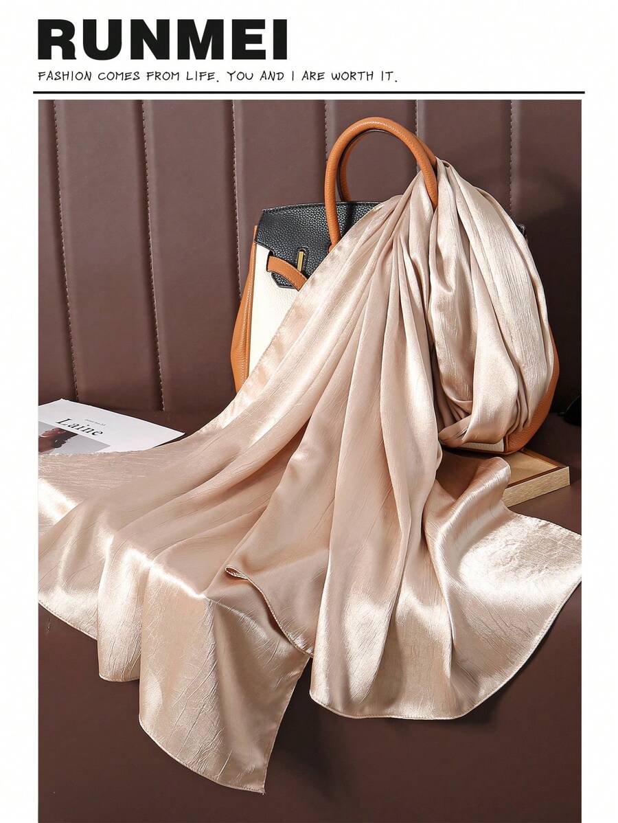1pc Elegant Women's Autumn Winter Solid Color Glossy Satin Scarf With Natural Creases, Can Be Used As Headband Accessories Women,Beach,Holiday,Travel Essential - Champagne - View 1