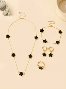 Ensemble de 5 pièces Collier, bracelet, boucles d'oreilles et bague ajustable pour femme - Style européen et américain - Vintage - Plaqué or 18 carats - Acier de titane - Cinq pétales de fleurs en résine colorée - Cadeau de luxe et polyvalent pour les filles - Parfait pour les vacances à la plage ou les fêtes d'anniversaire - Ensemble de couleurs de fleurs à cinq pétales - Voir 7