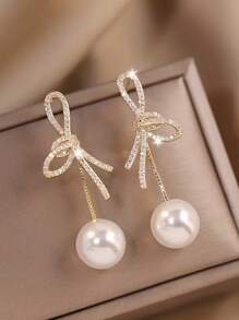 HOTNICE Elegant Retro Style Bow And Pearl Earrings, Perfect For Daily Fashion Or Valentine's Day Gifts,Mom,Mother,Mother's Day,Gift - Golden - View 2