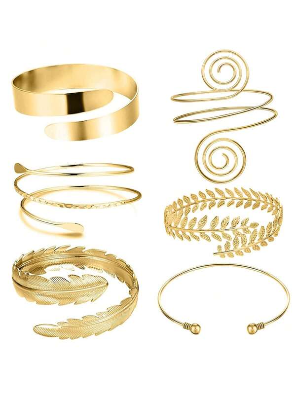 6pcs Personalized Exaggerated Leaf Bangle Geometric Metal Arm Cuff