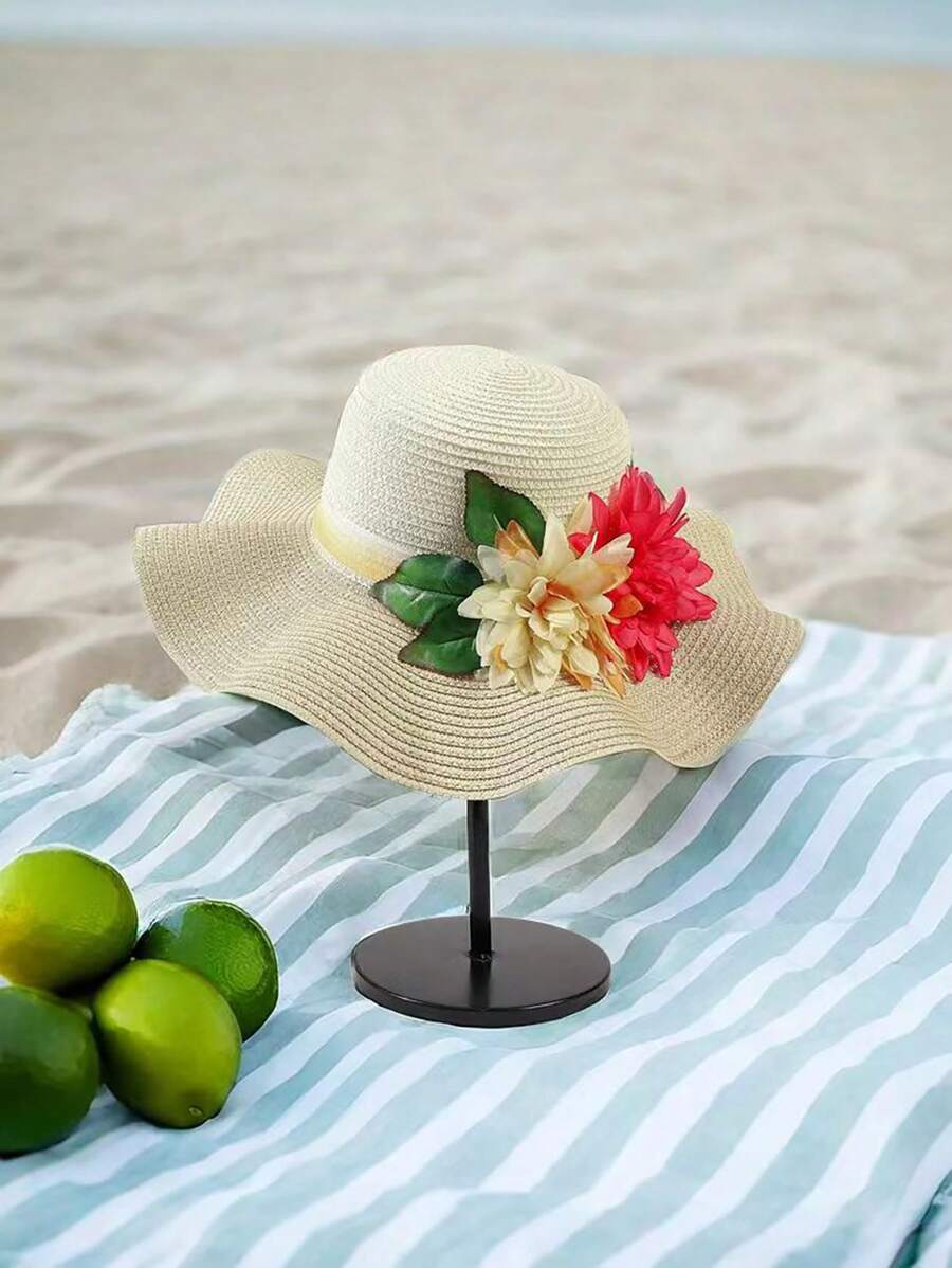 1 Stück handgemachter Damen Sonnenhut mit breiter Krempe und Blumenmuster, Sonnenschutz für Strandurlaub und Mode - A - Übersicht 1