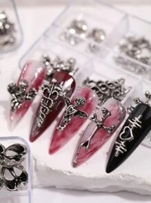 30pcs/6-Grid Box Vintage Y2K Nail Art Decorations, Dark Gothic Ins Style Cross & Skull Designs, Halloween Nail Accessories, Various Styles Gothic Fake Nails, Nail Art Supplies