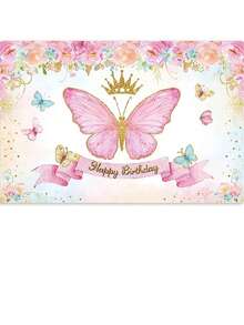 1 pieza Tela de fondo de estudio con mariposa de dibujos animados, puntos dorados, flores para fiesta de cumpleaños de bebé - Multicolor - Ver 21