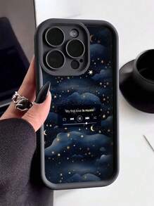 1pc Fashionable Thickened Shockproof Starry Night & Music Player Pattern Phone Case, Compatible With Apple - Black - View 1