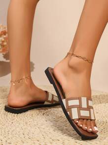 Bruine en witte kleurblokken voor dames, eenvoudige, modieuze platte sandalen, casual pantoffels met open teen