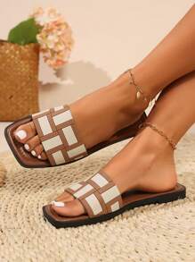 Bruine en witte kleurblokken voor dames, eenvoudige, modieuze platte sandalen, casual pantoffels met open teen