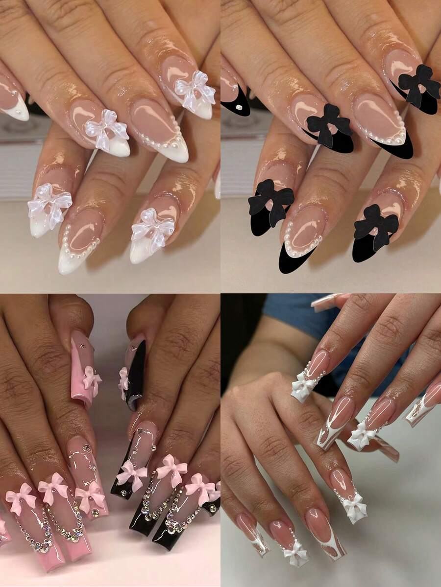96 piezas/4 sets de pegatinas de uñas acrílicas con forma de almendra, diseño de fresa francesa en blanco y negro y diseño de lazo con perlas, diseño de lazo y cristales en blanco y rosa, incluye 4 piezas de gel de gelatina y 4 piezas de limas de uñas, adecuado para decoración de uñas de mujeres y niñas
