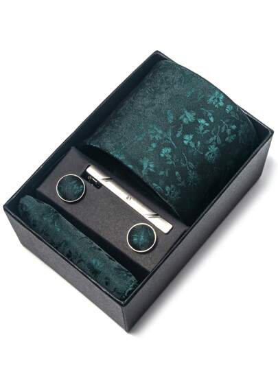 AlanKing 1set Necktie Pocket Square & Cufflinks Set With Gift Box For Men, Suitable For Festivals, Weddings, And Work, Green Floral Tie, 7.5cm