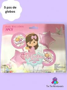 Kit/Set de 5 Globos de bautizo  para niñaa o niñoo color rosa o azul - Rosa - Ver 1