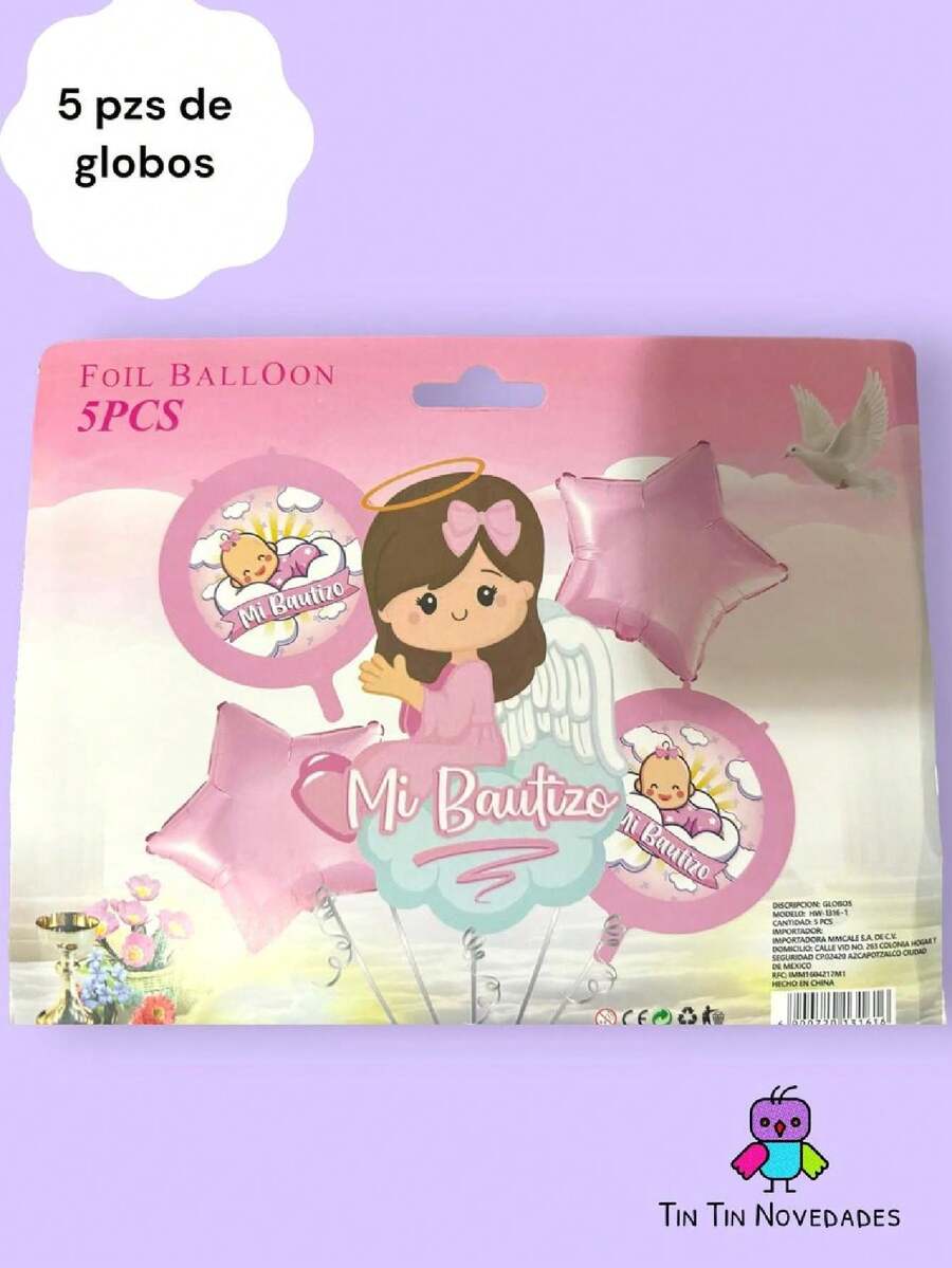 Kit/Set de 5 Globos de bautizo para niñaa o niñoo color rosa o azul - Rosa - Ver 1