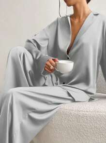 2pcs Women's Homewear Set With Long Sleeve Satin Shirt And Thin Pants Pajama Set - Grey - View 1