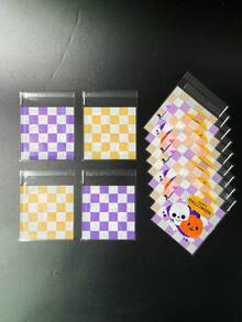 100入組可愛白色鬼怪南瓜蝙蝠紋派對禮物包裝OPP自封袋，紫色/黃色TRICK或TREAT印刷禮物裝飾袋，適用於萬聖節派對禮物包裝 - 紫色 - 查看 3