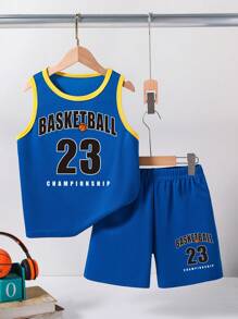 2pcs/Set Older Boys' Casual Sports Breathable Basketball Number & Letter Print Crew Neck Tank Top And Shorts Set, Spring/Summer - Blue - View 1