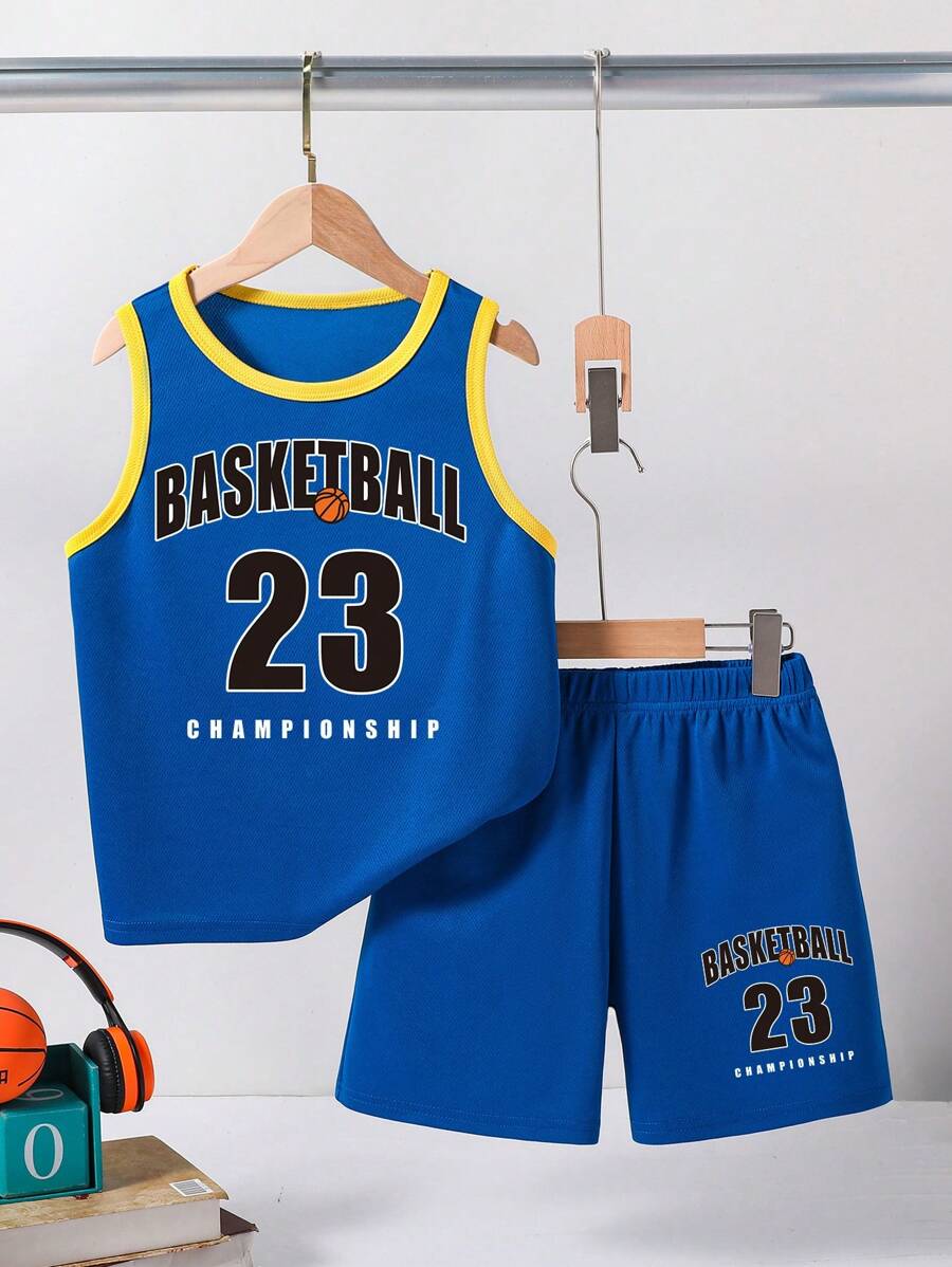 2pcs/Set Older Boys' Casual Sports Breathable Basketball Number & Letter Print Crew Neck Tank Top And Shorts Set, Spring/Summer - Blue - View 1