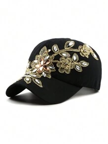 1 sombrero de vaquero hecho a mano con decoración de diamantes de imitación, estilo de gorra de béisbol con diseño de flor de hilo dorado, gorra brillante de moda - Multicolor - Ver 17