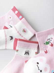 5 Pairs/Set Cute Cartoon Rabbit Pattern Mid-Calf Socks For Girls, Comfortable And Soft, Suitable For Daily Casual Wear In Spring And Summer - Multicolor - View 2