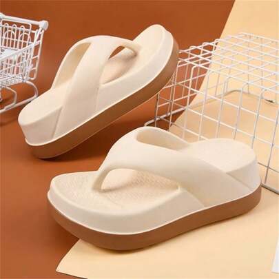 夏季女士平底拖鞋，防滑厚底開口涼鞋，時尚柔軟底增高沙灘人字拖，適用於戶外或室內活動。