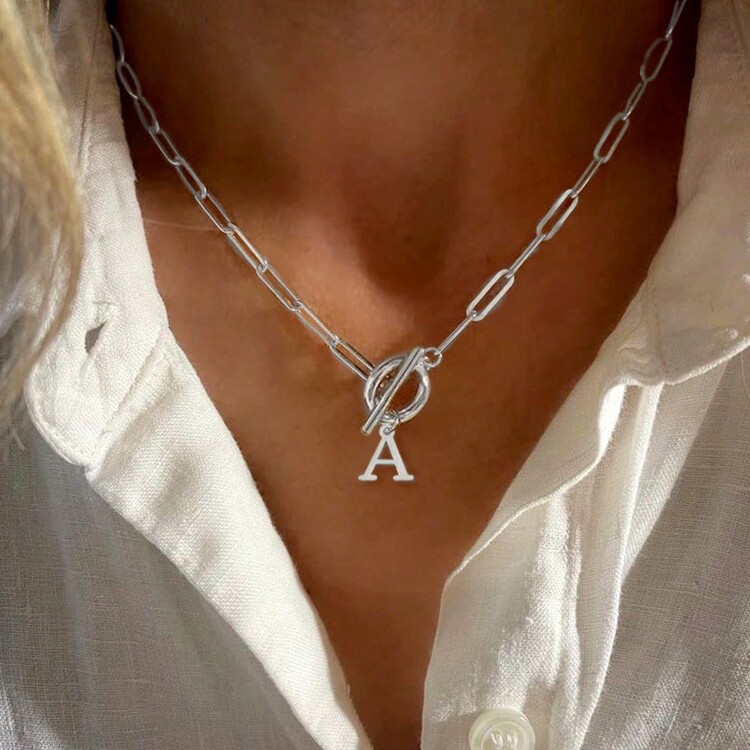 1pc Initial Pendant Stainless Steel Toggle Clasps Paperclip Chain Choker Necklace For Women - Silver - View 1