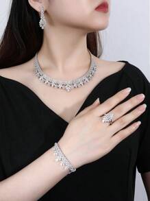 4pcs Silver Fashionable Cubic Zirconia Party Necklace, Open Ring, Bracelet And Earrings Set, Suitable For Women's Daily Wear